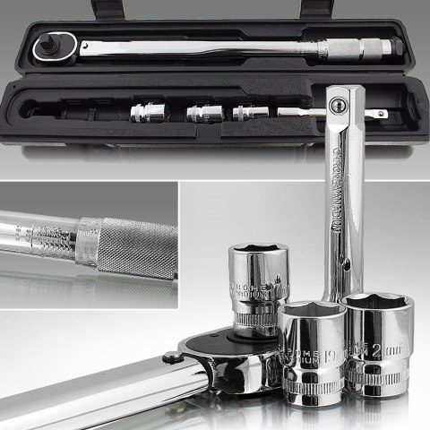 Klucz dynamometryczny z grzechotką 1/2" + nasadki 17 19 21mm Klucz dynamometryczny z grzechotką 1/2" + nasadki 17 19 21mm