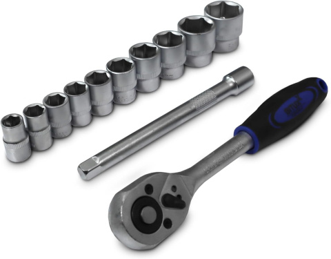 Grzechotka 3/8" + przedłużka 150mm + 10 nasadek sześciokątnych Grzechotka 3/8" + przedłużka 150mm + 10 nasadek sześciokątnych