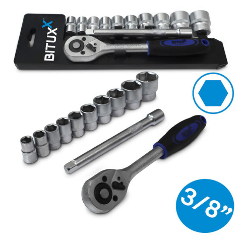 Grzechotka 3/8" + przedłużka 150mm + 10 nasadek sześciokątnych Grzechotka 3/8" + przedłużka 150mm + 10 nasadek sześciokątnych