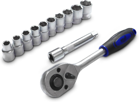 Grzechotka 1/2" + przedłużka 125mm + 10 nasadek sześciokątnych Grzechotka 1/2" + przedłużka 125mm + 10 nasadek sześciokątnych