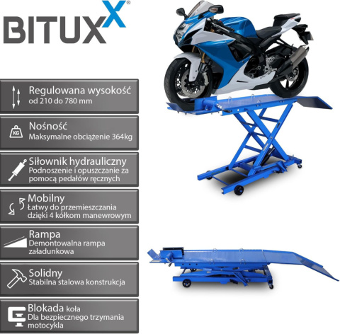Podnośnik nożycowy hydrauliczny platforma serwisowa do motocykli do 364kg Podnośnik nożycowy hydrauliczny platforma serwisowa do motocykli do 364kg