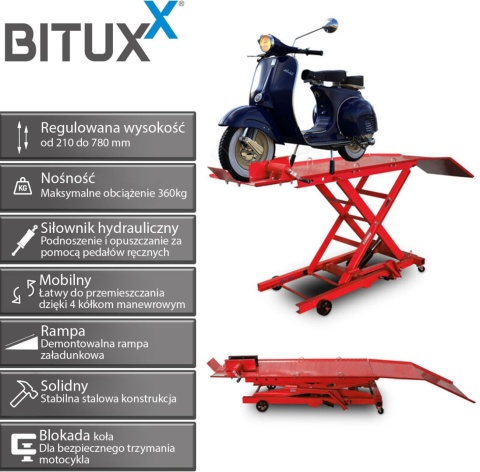 Podnośnik nożycowy hydrauliczny platforma serwisowa do 360kg czerwony Podnośnik nożycowy hydrauliczny platforma serwisowa do 360kg czerwony