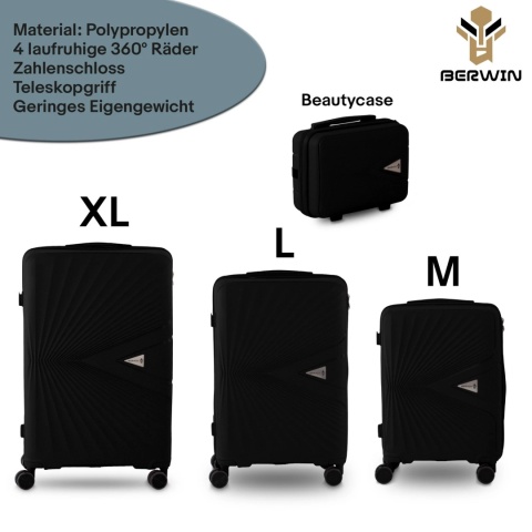 Zestaw 4 Walizek BERWIN ABS – Czarne | XL, L, M + Kuferek, obrotowe kółka 360°