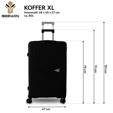 Zestaw 4 Walizek BERWIN ABS – Czarne | XL, L, M + Kuferek, obrotowe kółka 360°