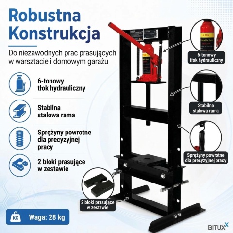 Profesjonalna Czarna Prasa Hydrauliczna 6T BITUXX – Prasa Warsztatowa do Łożysk i Tulei 6 Ton